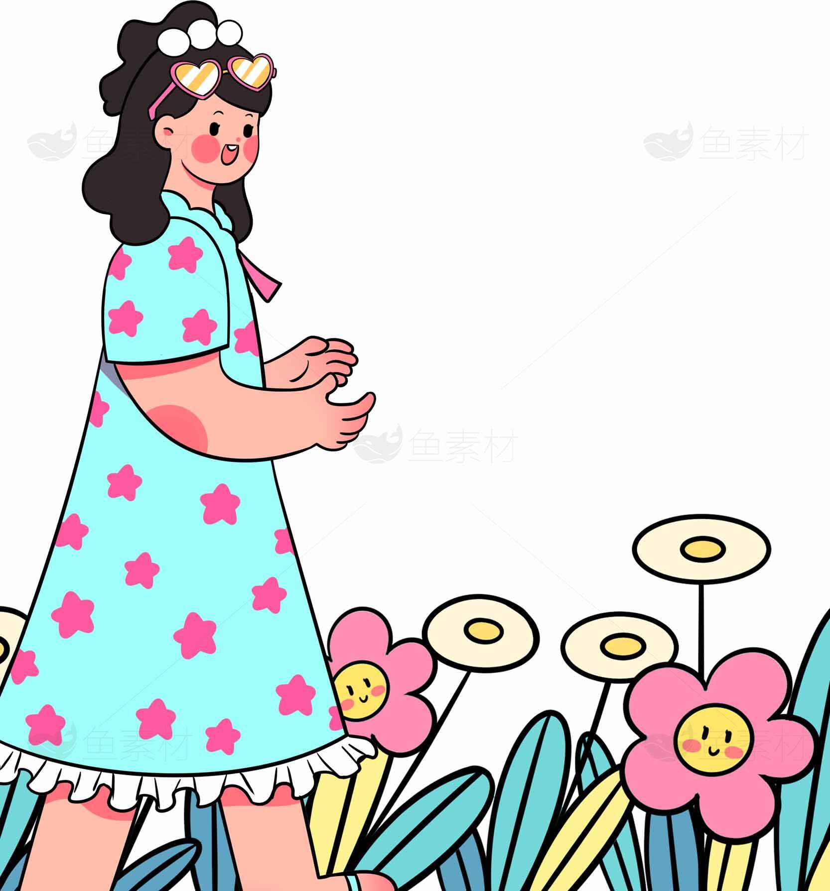 卡通女孩与花朵插画图片素材