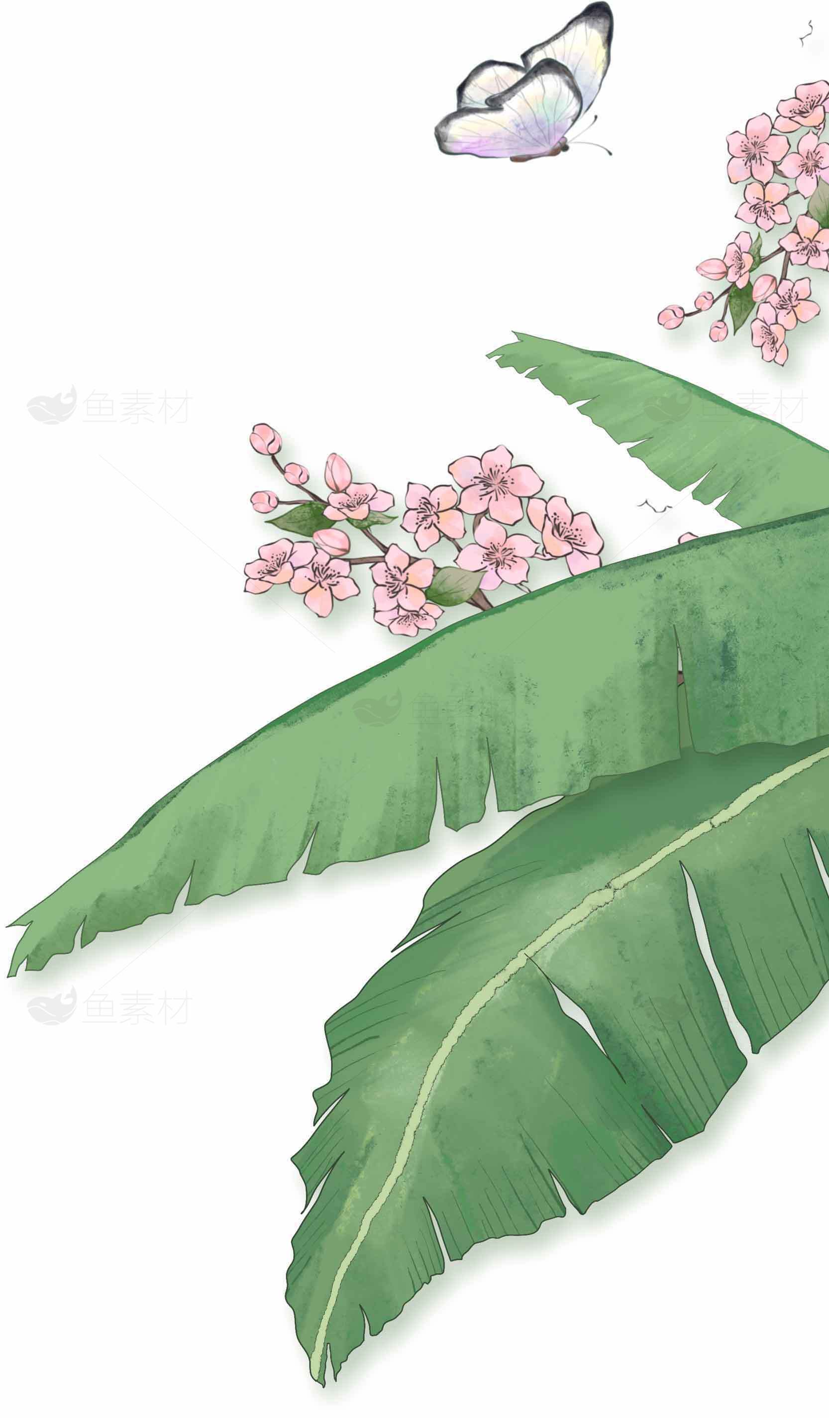 清新自然风手绘绿叶与粉花插画图片素材