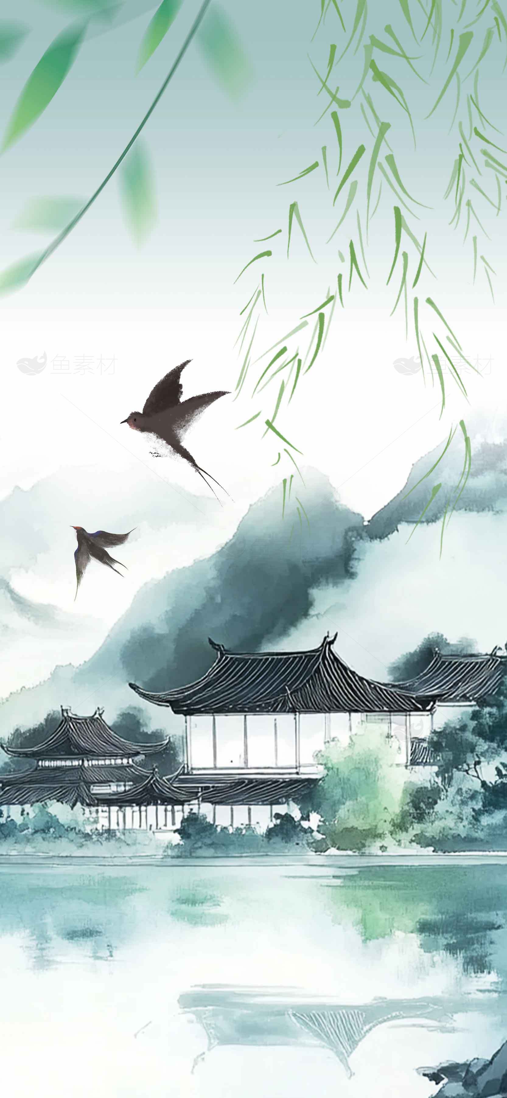 中国水墨画风景：山水与飞鸟意境之美素材