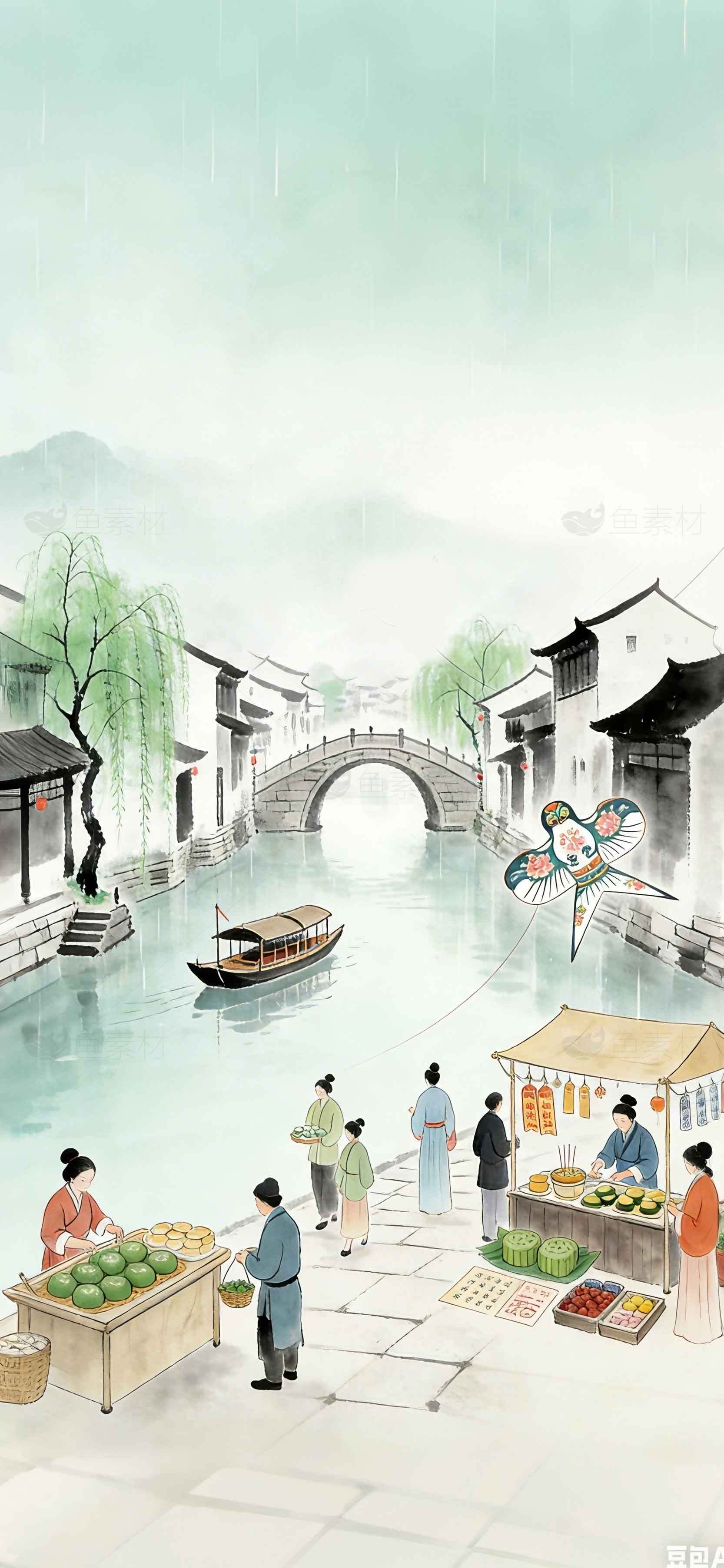 江南水乡古风插画：桥与市集的诗意画卷素材