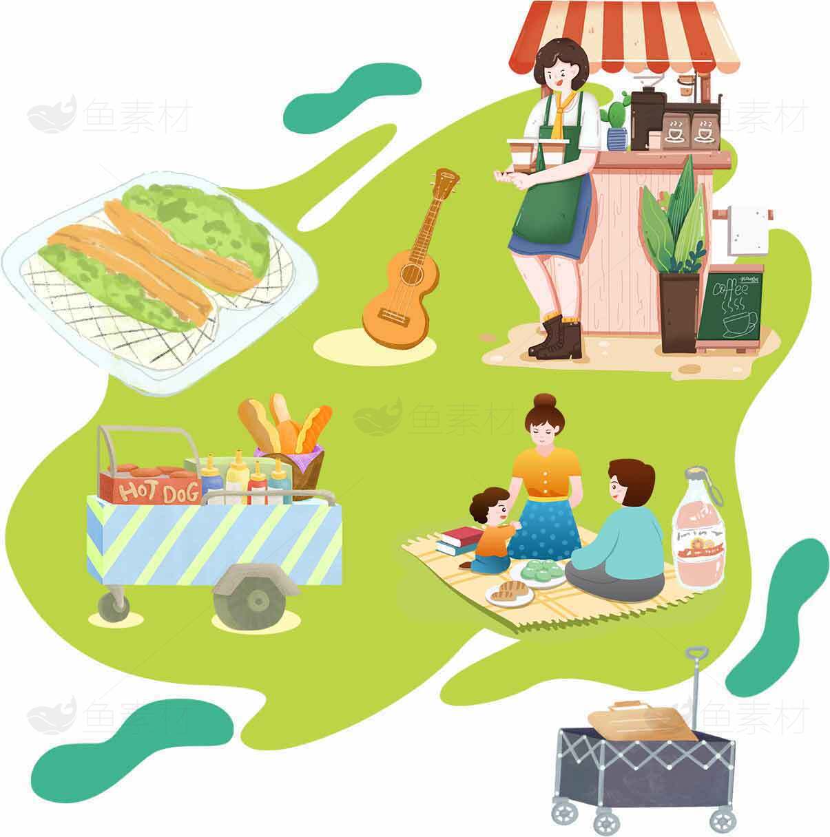 户外烧烤与音乐休闲插图素材