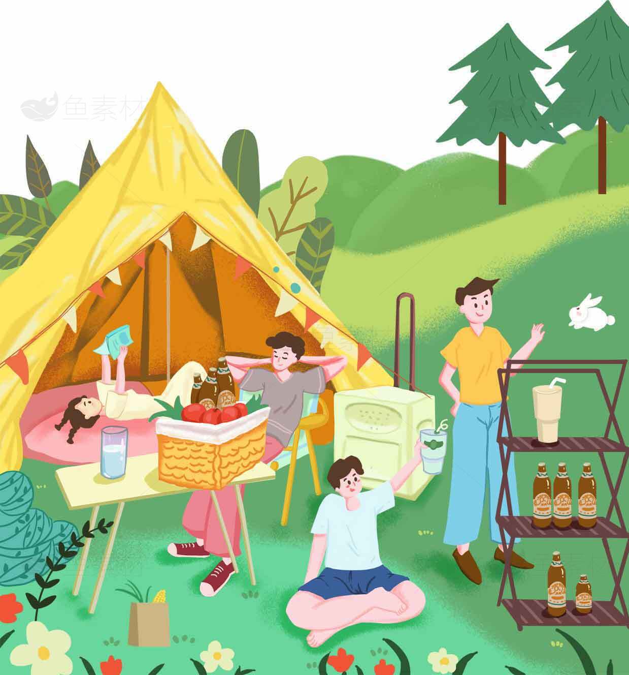 春日野餐露营插画 | 轻松户外生活场景素材