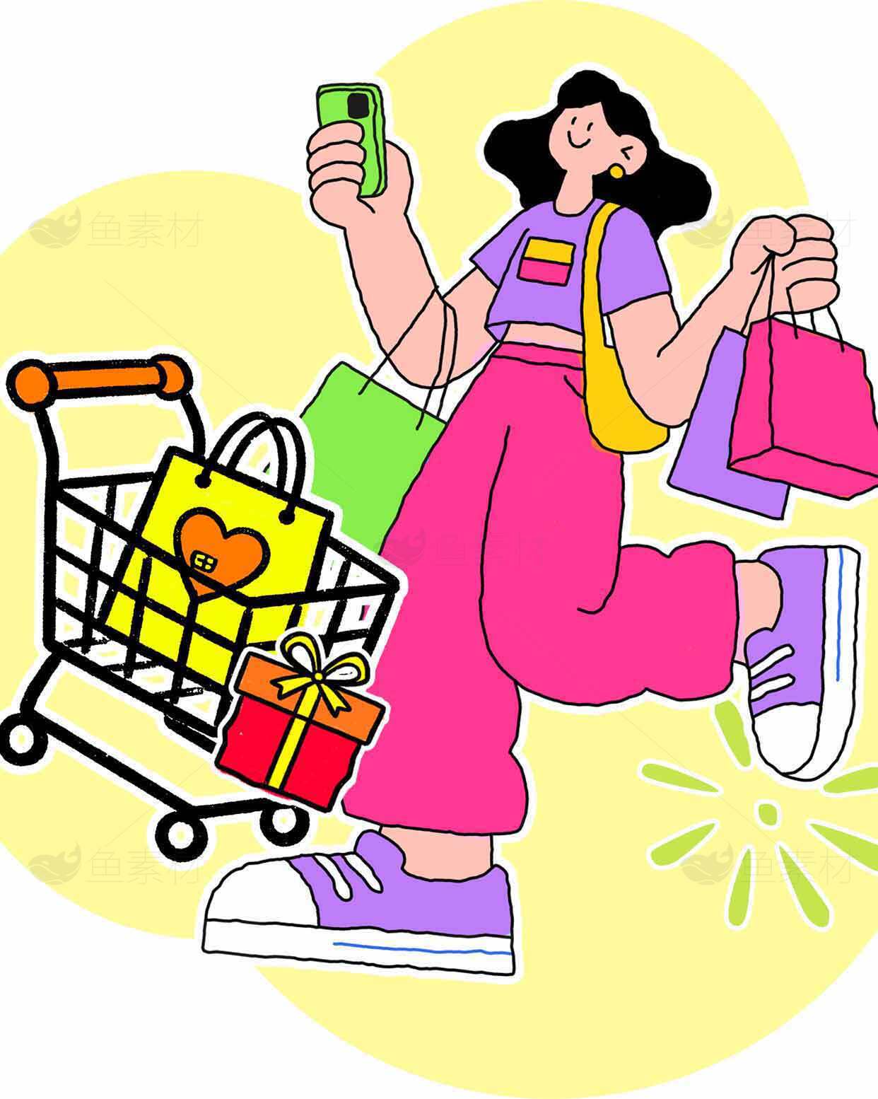 快乐购物插画：时尚女性与购物车的轻松时光素材
