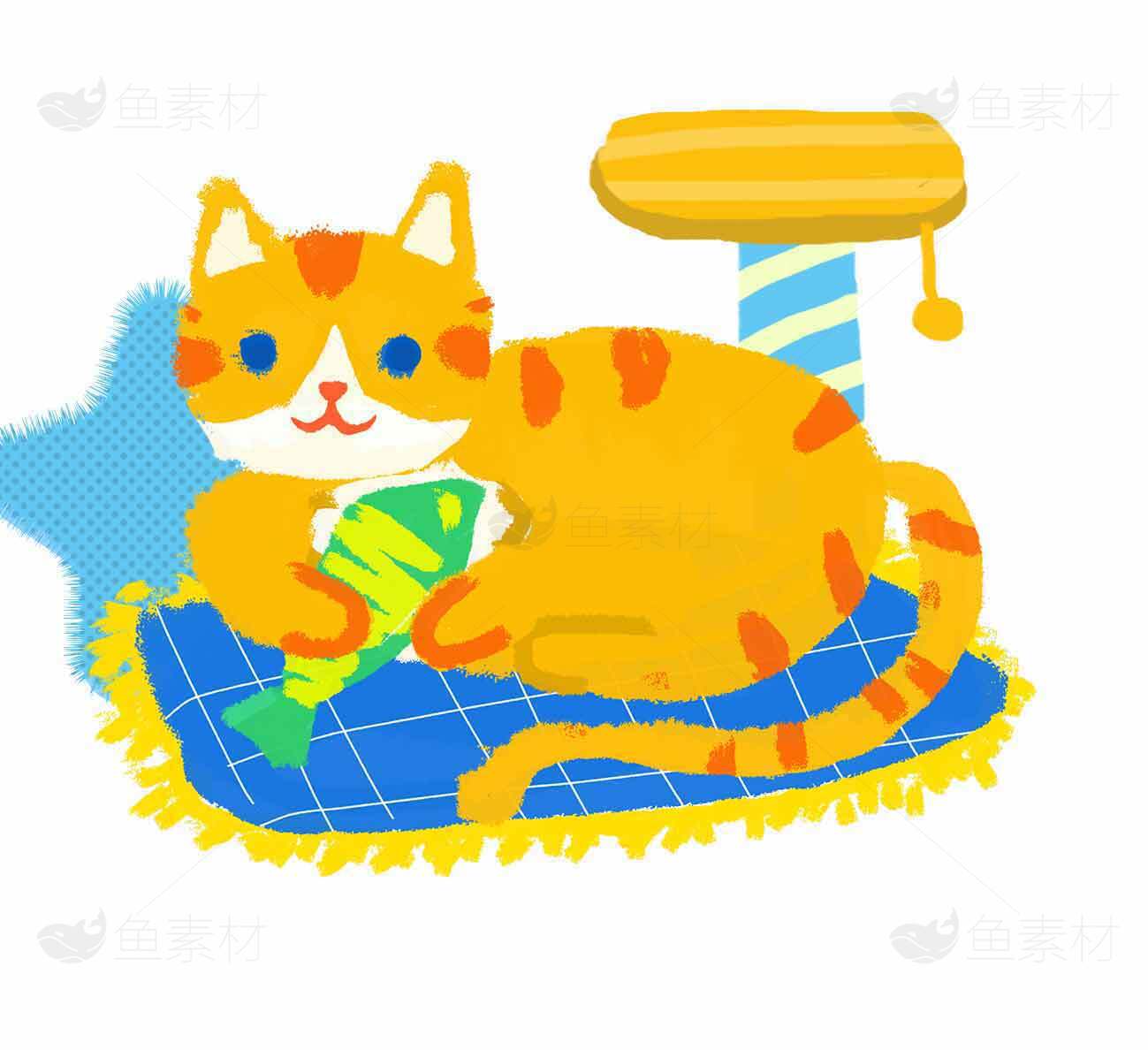 可爱橘猫抱鱼插画图片素材