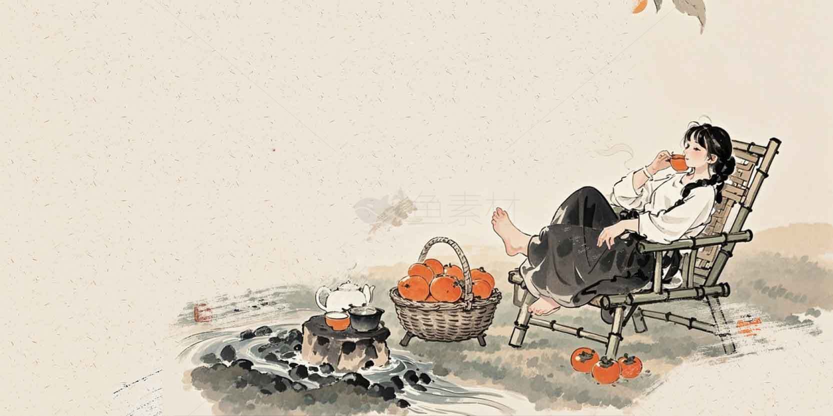 悠闲田园生活插画：女孩与篝火的秋日时光素材