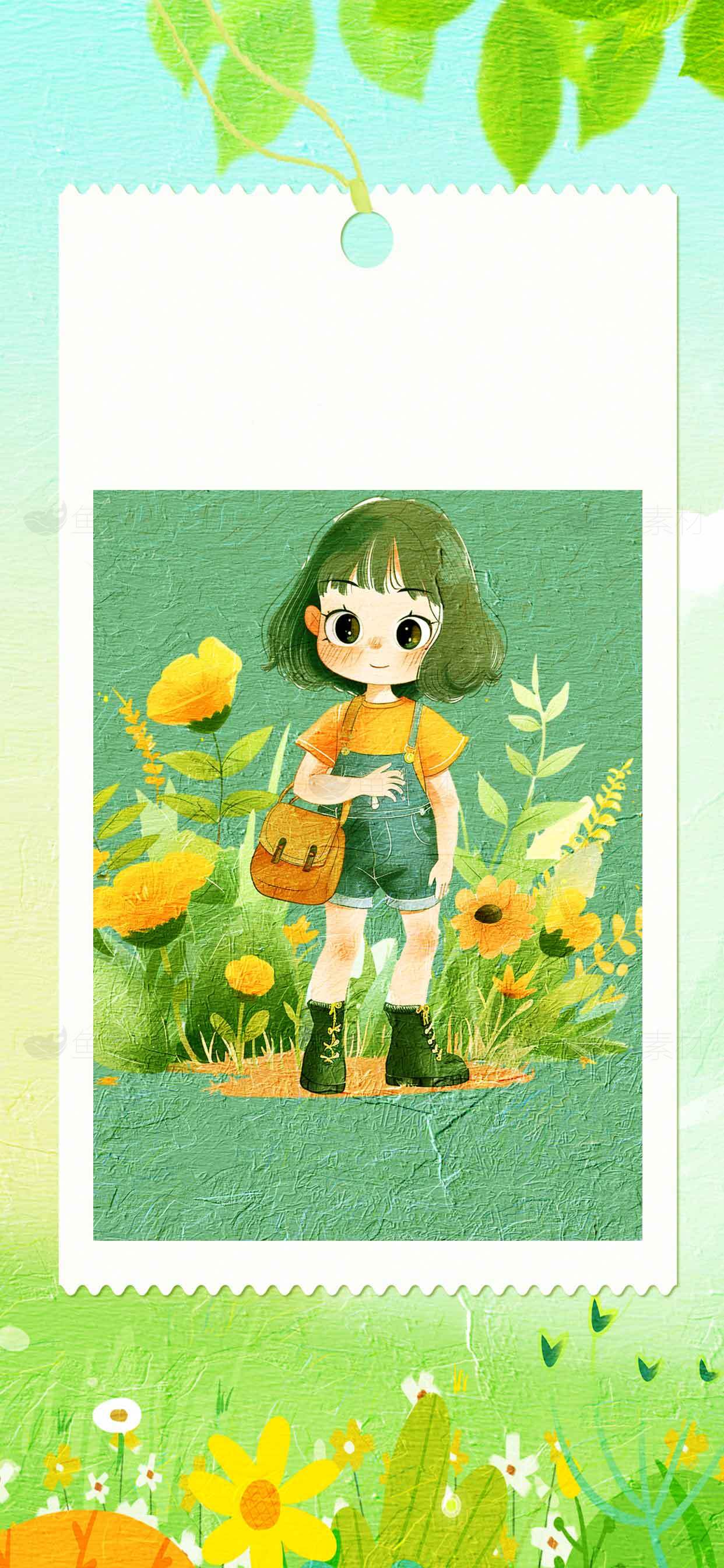 清新插画风格女孩与夏日花园背景素材