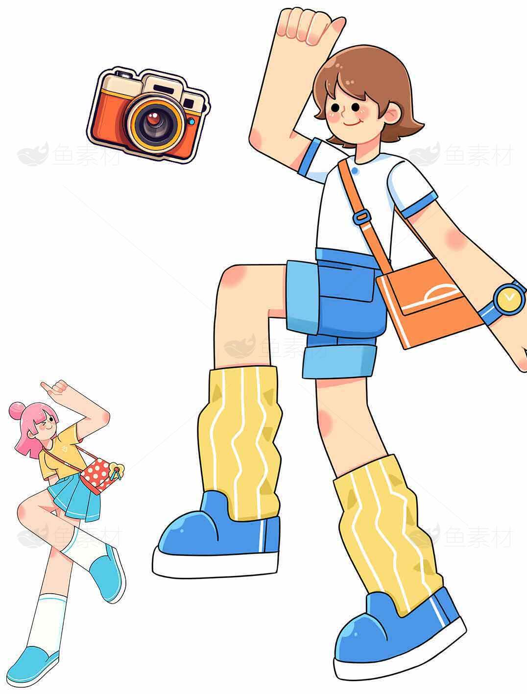 卡通风格人物插画：活力与摄影主题素材