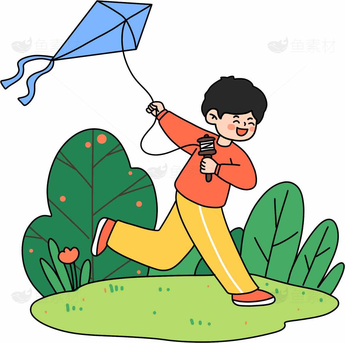 儿童放风筝的卡通插画图片素材
