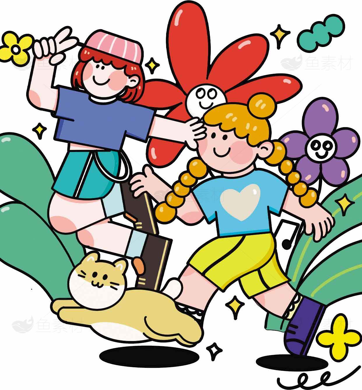 卡通风格儿童与花朵插画设计素材