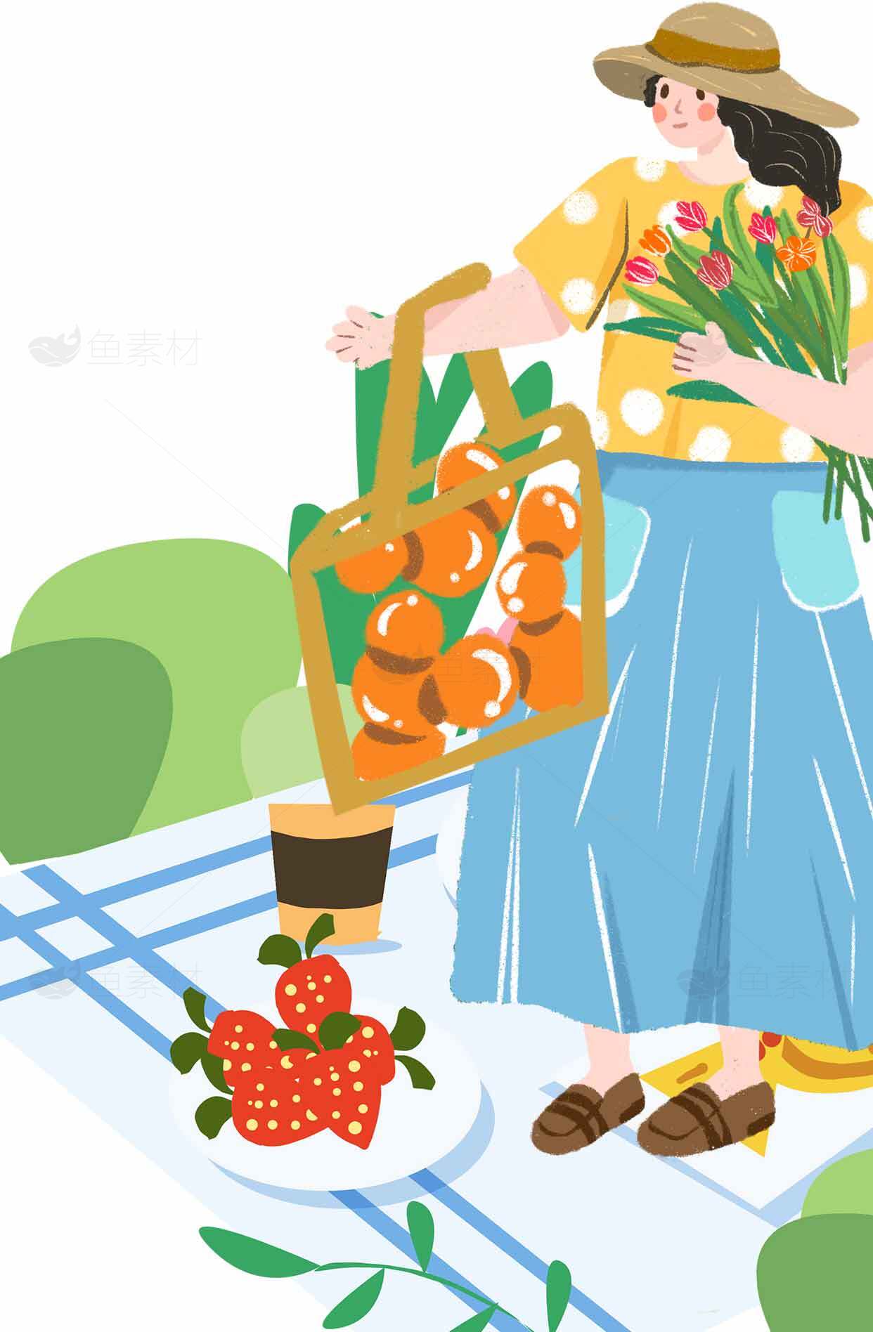 夏日野餐插画：清新田园风格设计素材