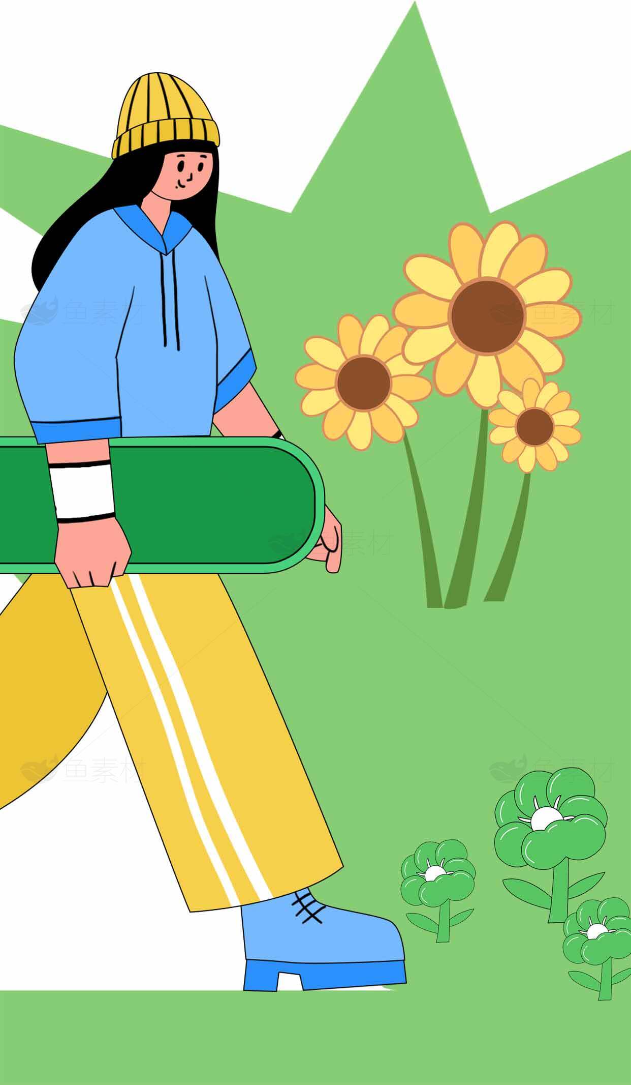 春日滑板女孩插画设计素材