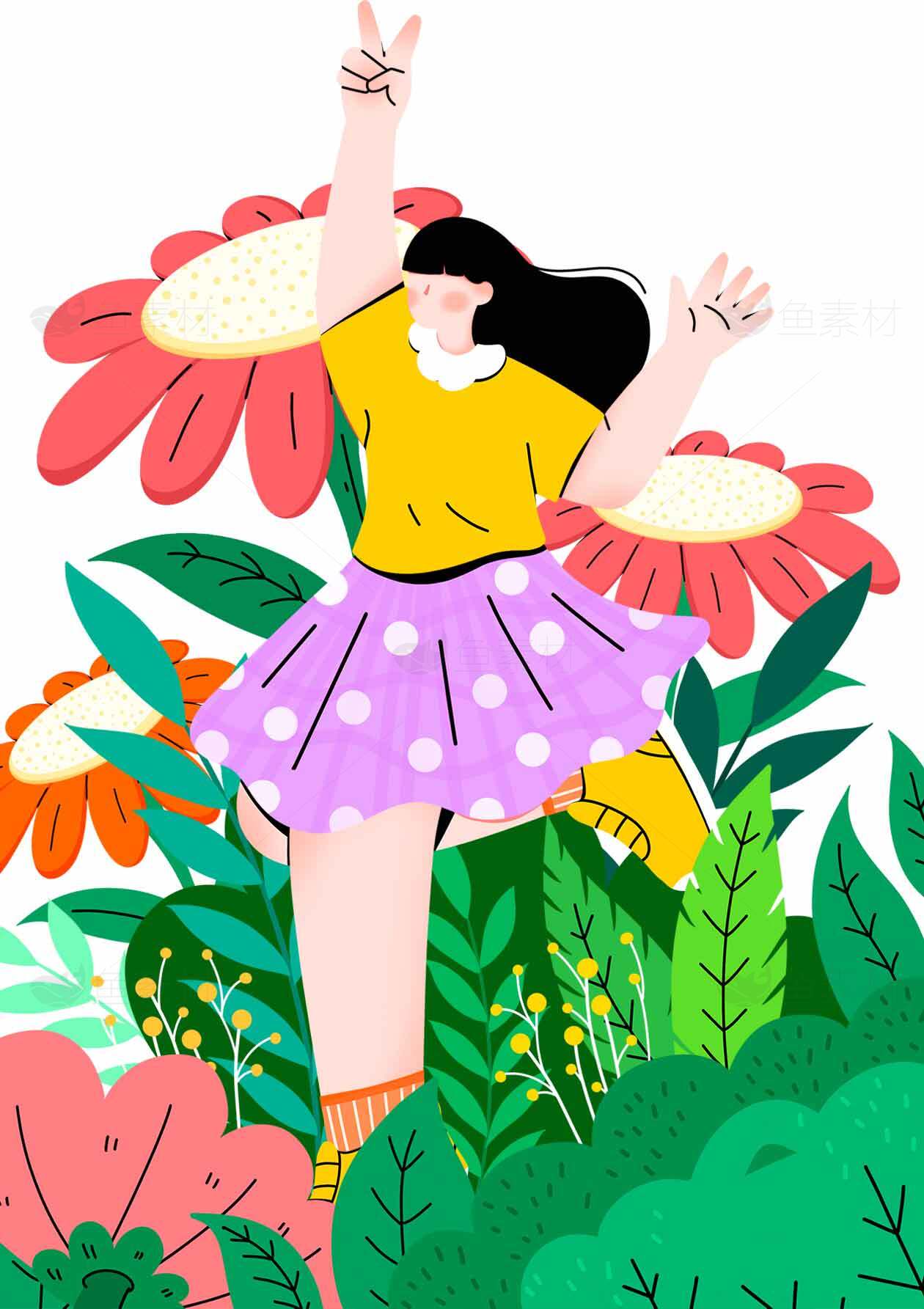 活力四射的卡通女孩与自然花卉插画素材