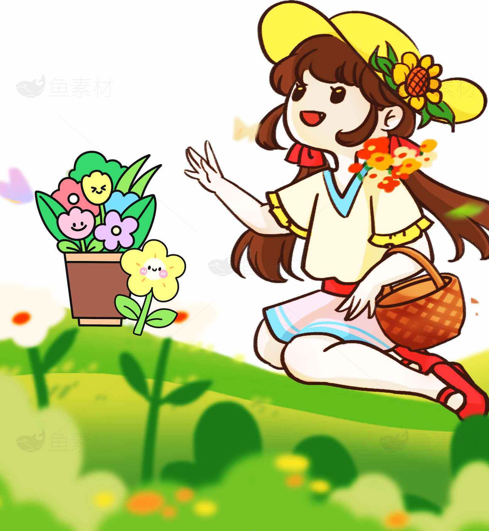 可爱女孩与花朵插画设计素材