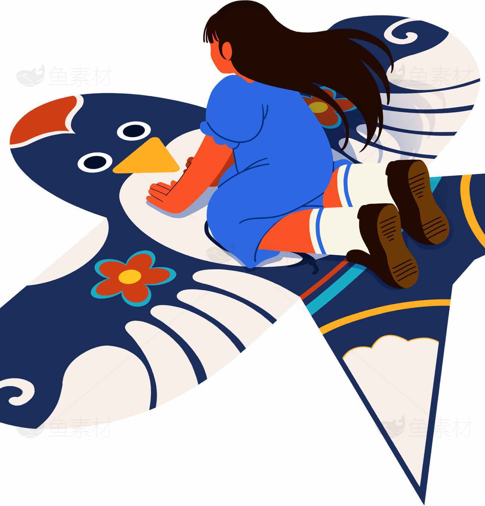 女孩骑着彩绘鸟插画设计素材