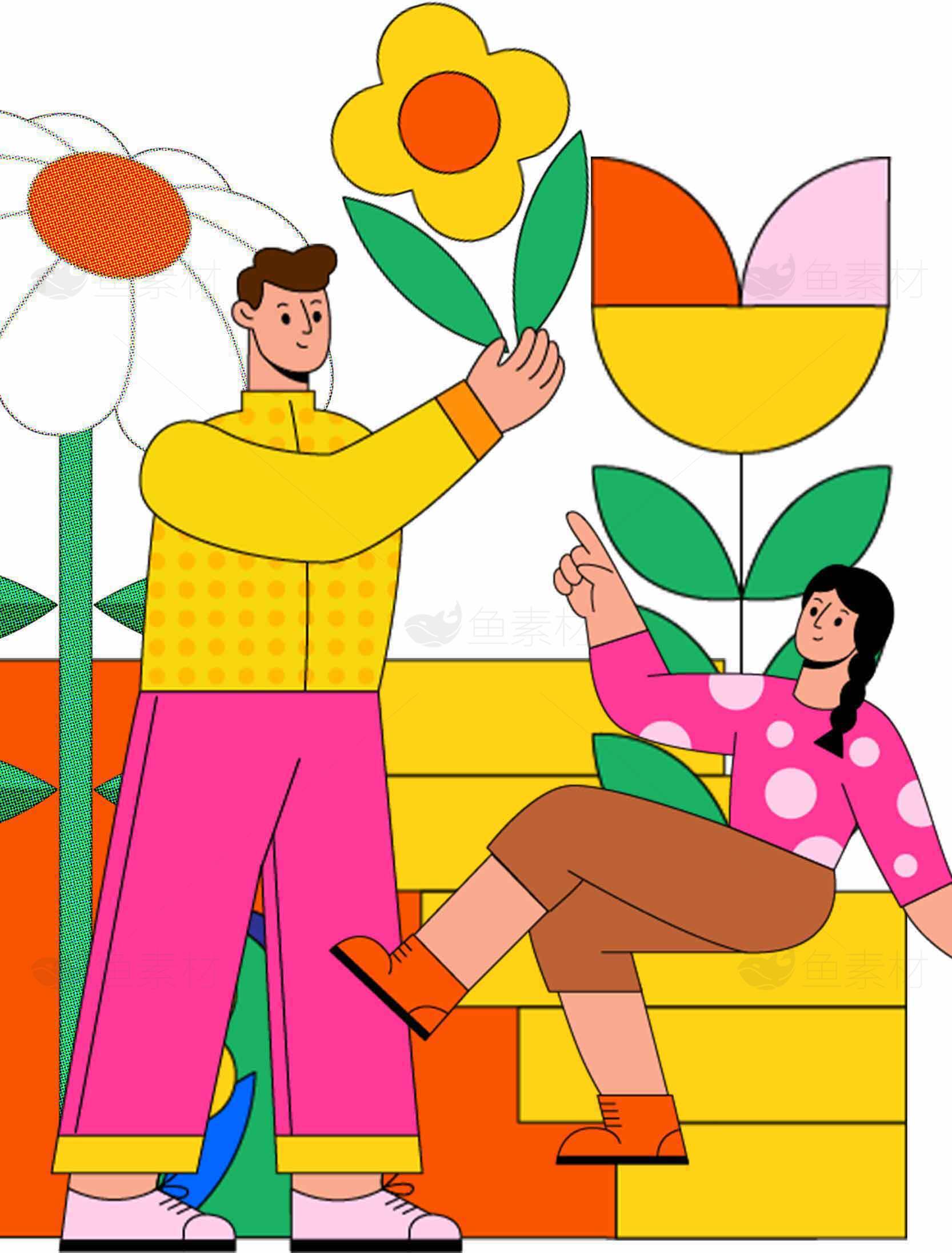 卡通风格插画：人与花卉的互动场景素材