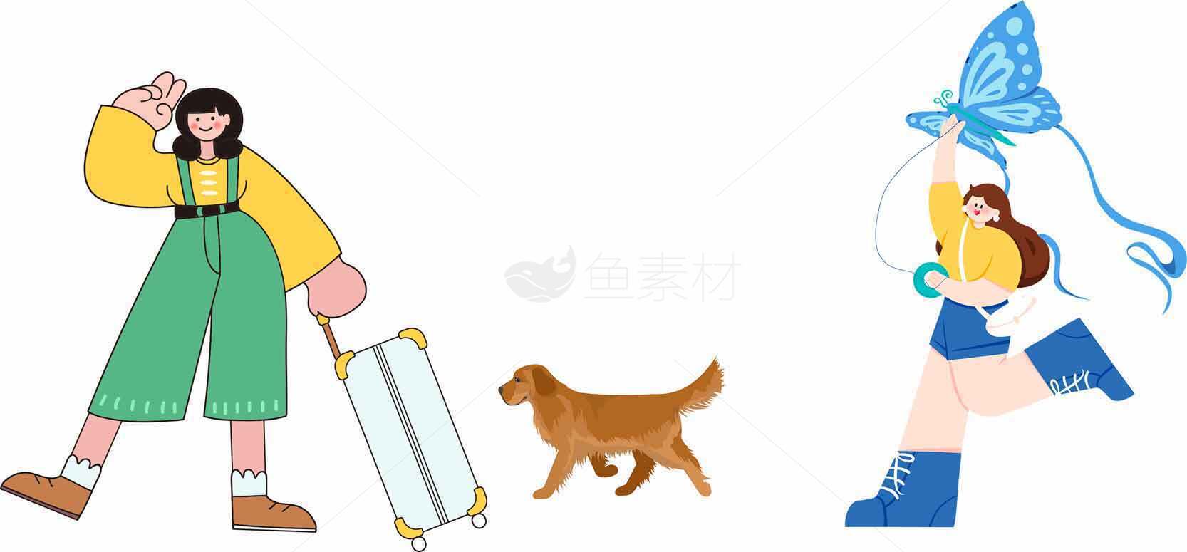 卡通人物与狗的旅行插画设计素材