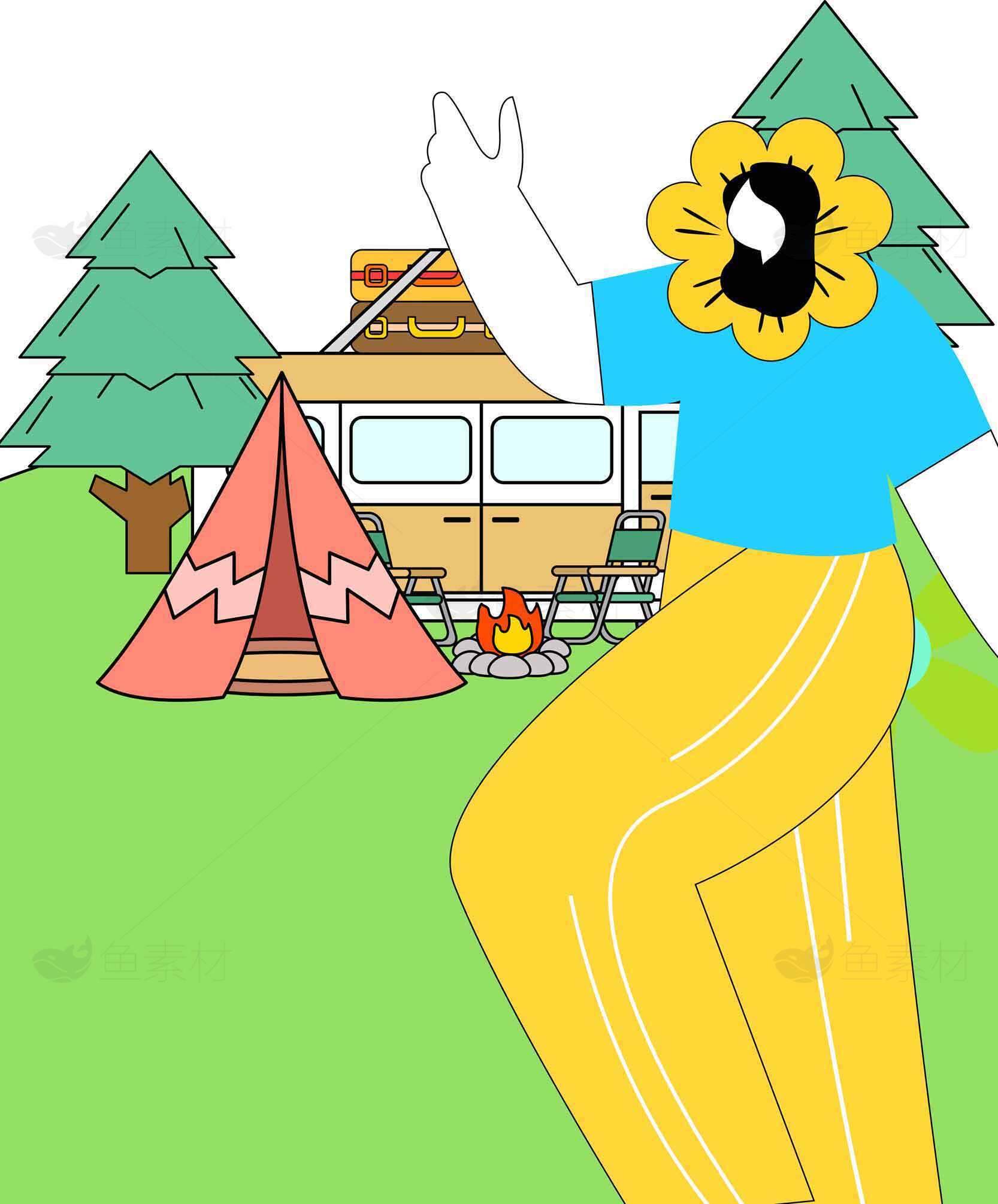 户外露营插画：自然与休闲的完美结合素材