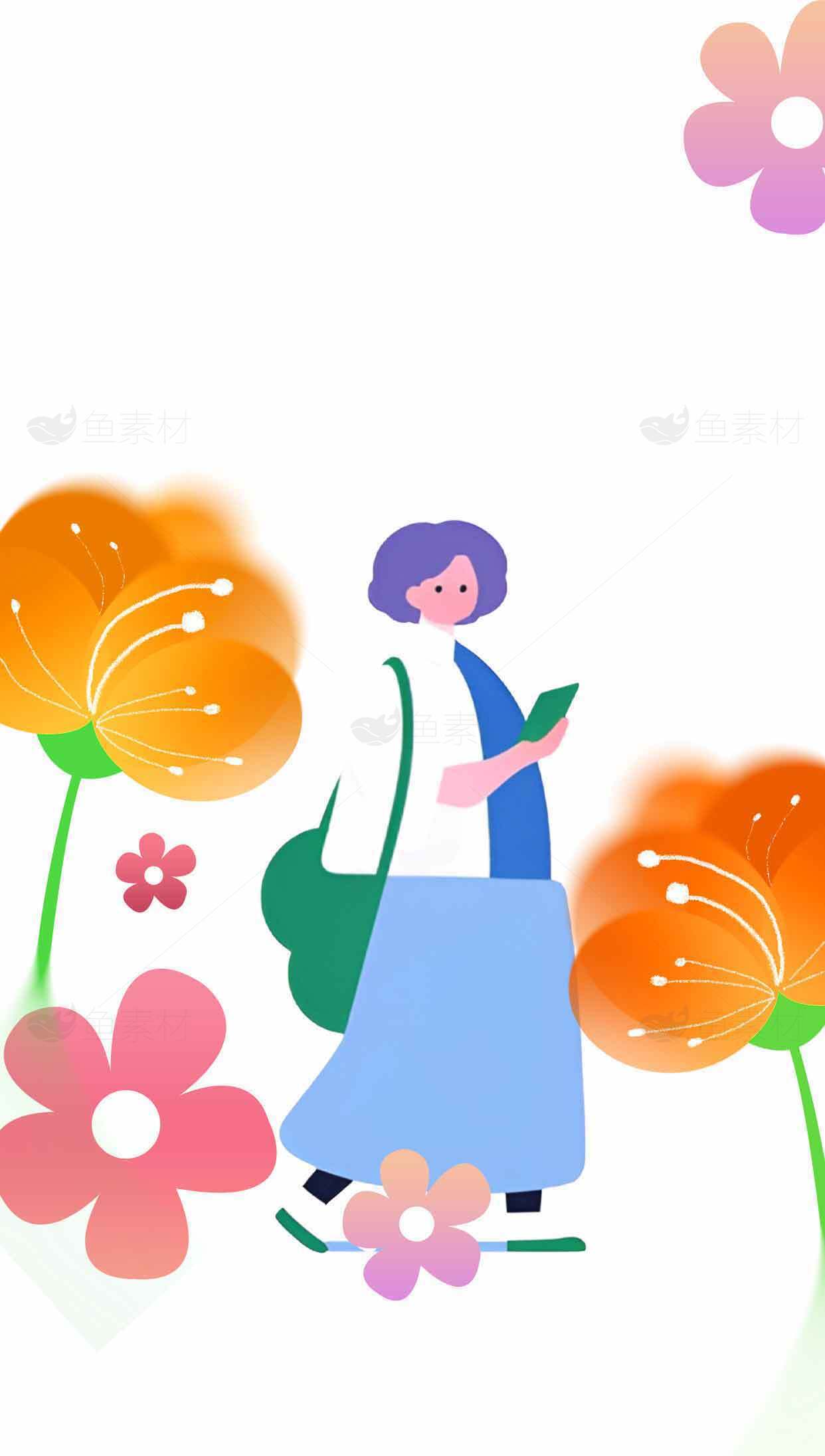 春日插画风格女性与花朵背景素材
