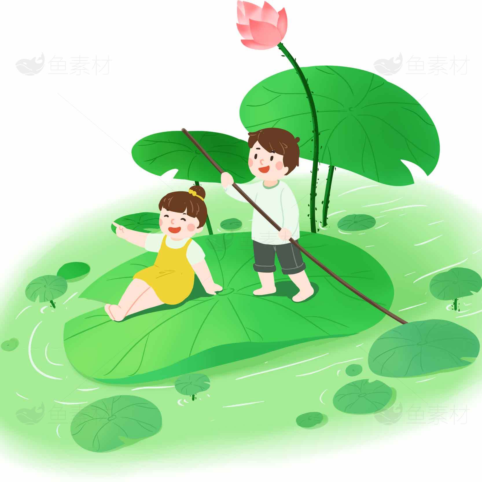 荷叶上的童趣时光插画素材