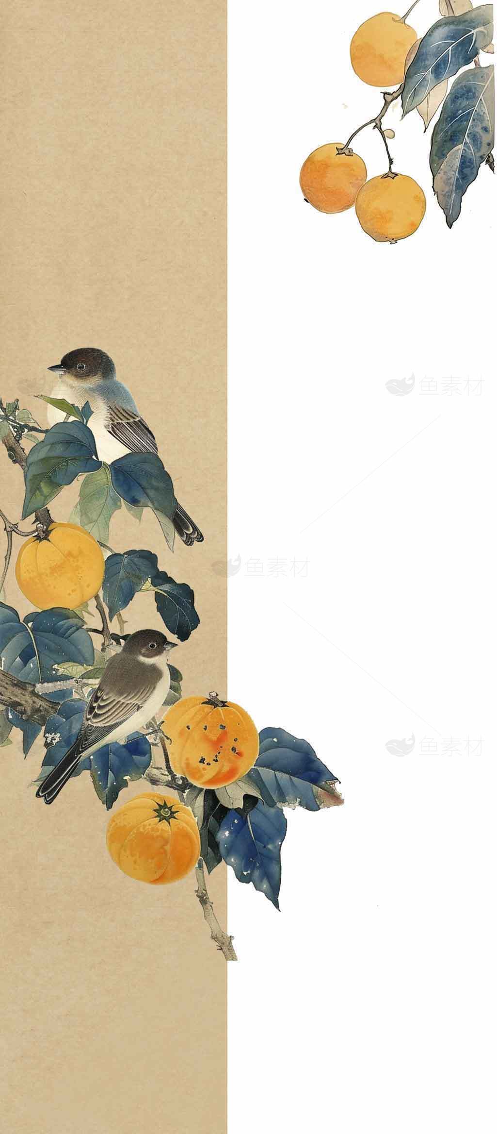 中国传统水墨画：柿子与小鸟的唯美意境素材