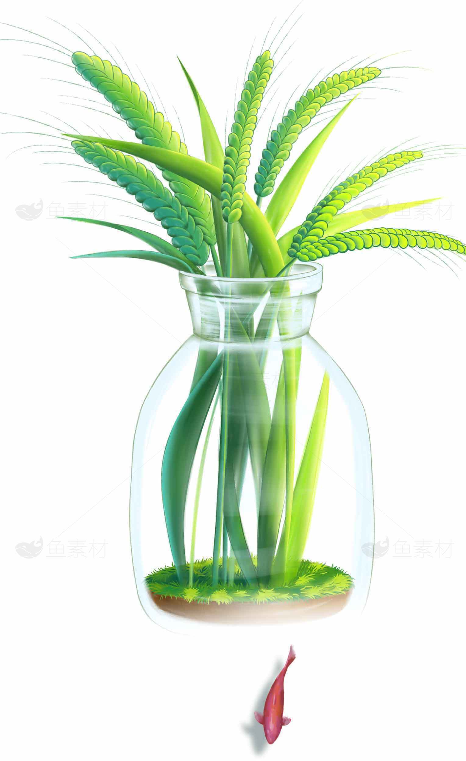 玻璃瓶中的绿色植物与红色小鱼插画素材