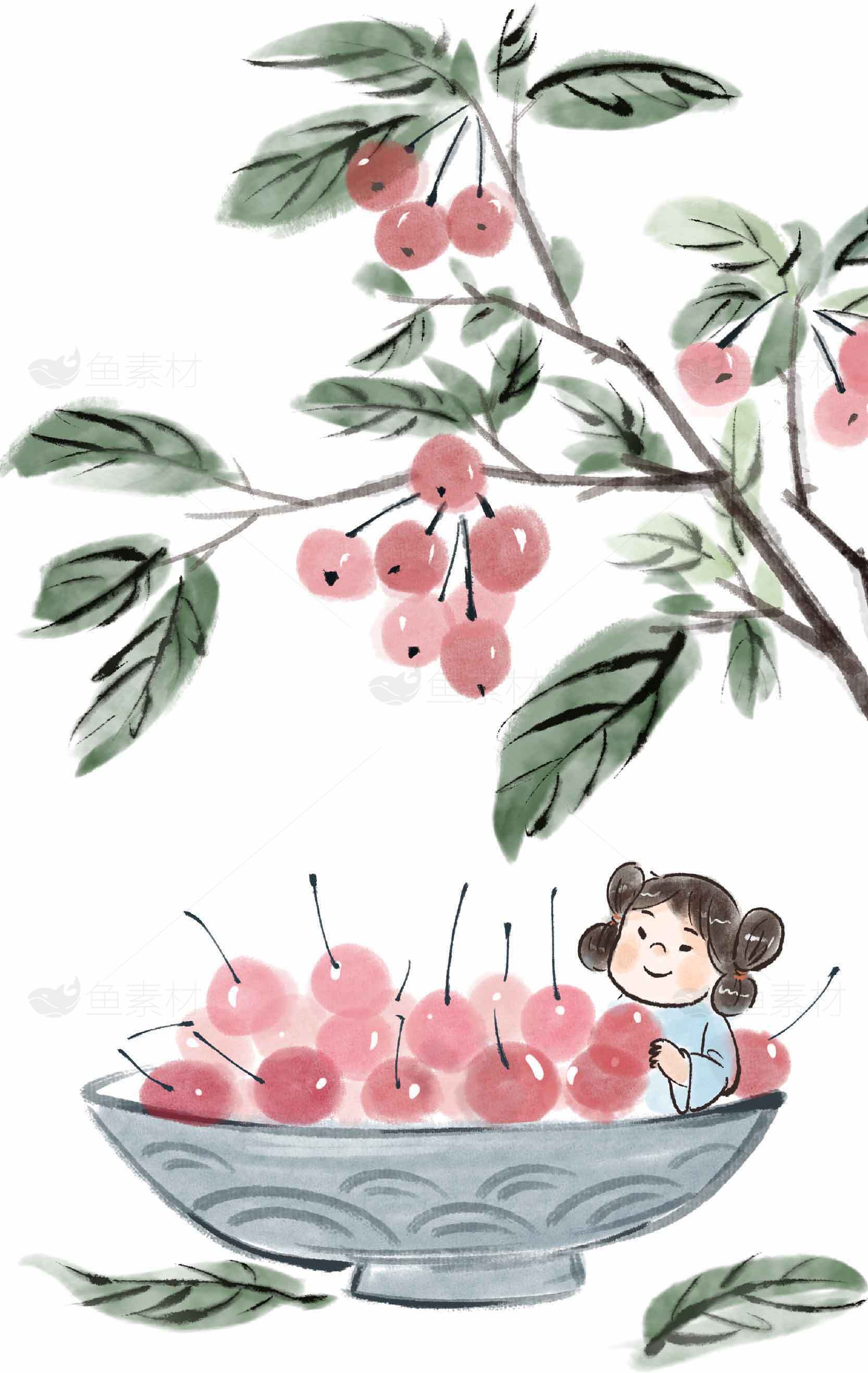 国风水墨樱桃插画图片素材