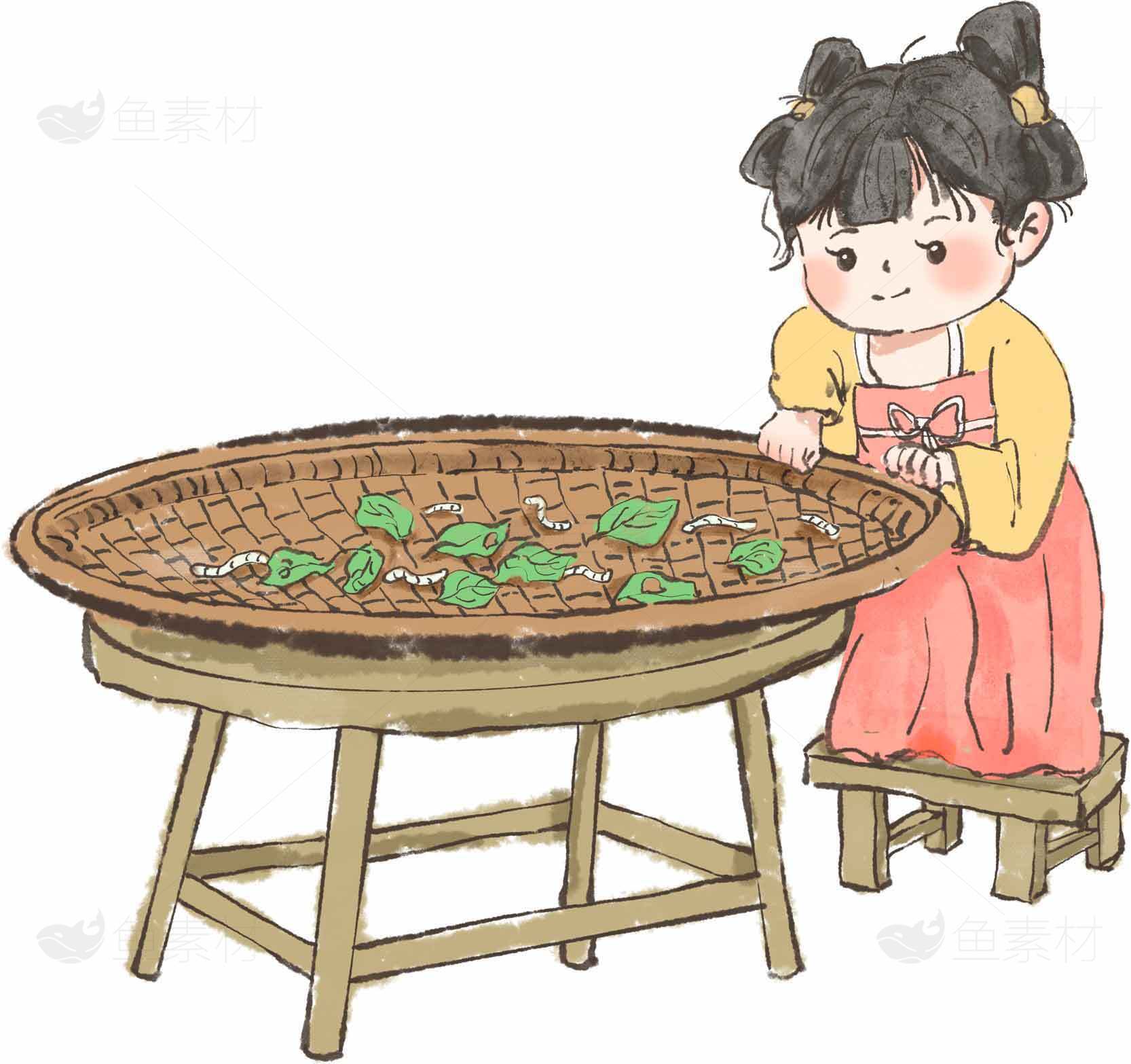 古风插画：女孩与竹编筛子素材