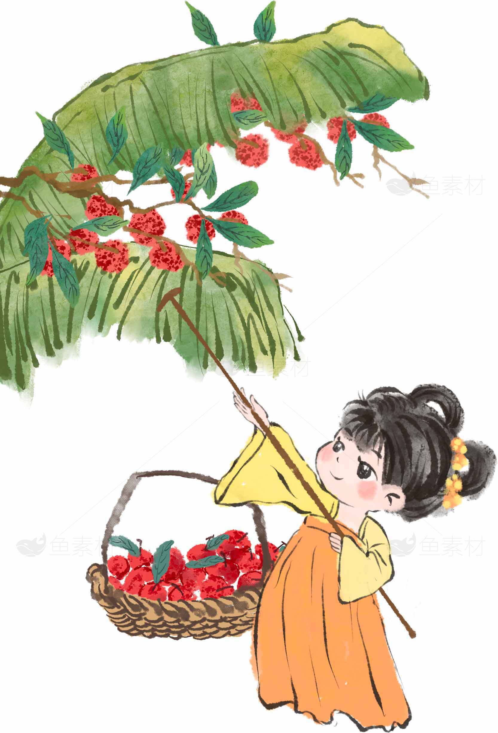 古风插画采摘场景唯美意境素材