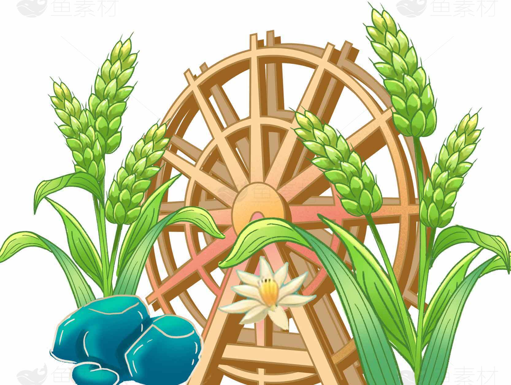 田园风光水车与麦穗插画图片素材